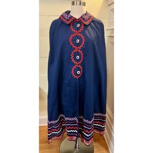 Vintage Reversible 2 Pattern Cape Blue/‎ Red/White Folk Pattern Cotton Handmade